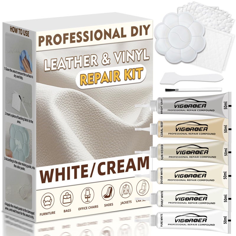 Vigorder Cream Leather Repair Kit for Furniture, Vinyl Repair Kit for Car Interior, Sofa, Purse and Jacket, Restore Any Material with Super Easy Instructions to Fix Scratches, Tears, Holes, Peeling - Image 1