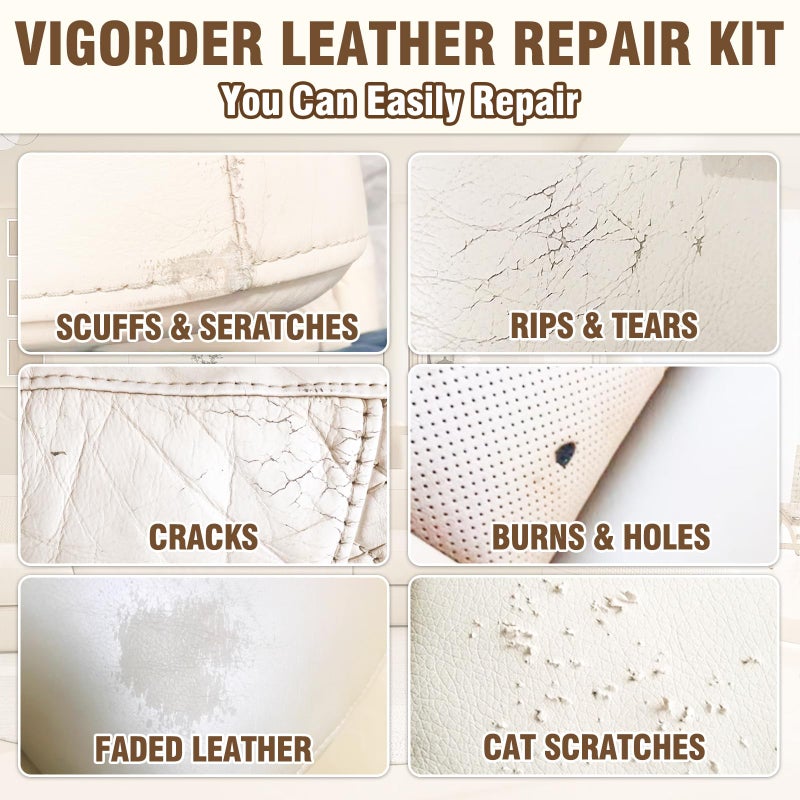 Vigorder Cream Leather Repair Kit for Furniture, Vinyl Repair Kit for Car Interior, Sofa, Purse and Jacket, Restore Any Material with Super Easy Instructions to Fix Scratches, Tears, Holes, Peeling - Image 2