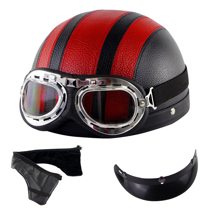 Generic Motorcycle Half Helmet Unisex Summer Riding Safety Gear Black and red leather helmet + Harley goggles + detachable scarf 