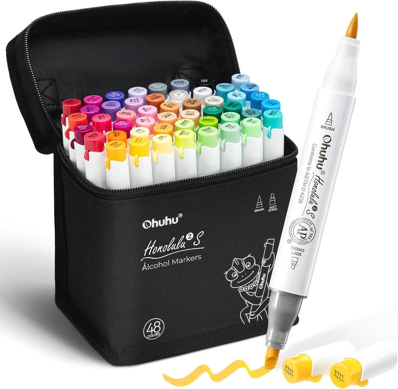 Ohuhu Alcohol Markers 48 Colors - Dual Tips Alcohol Marker Set with Colorless Blender for Artists - Image 1