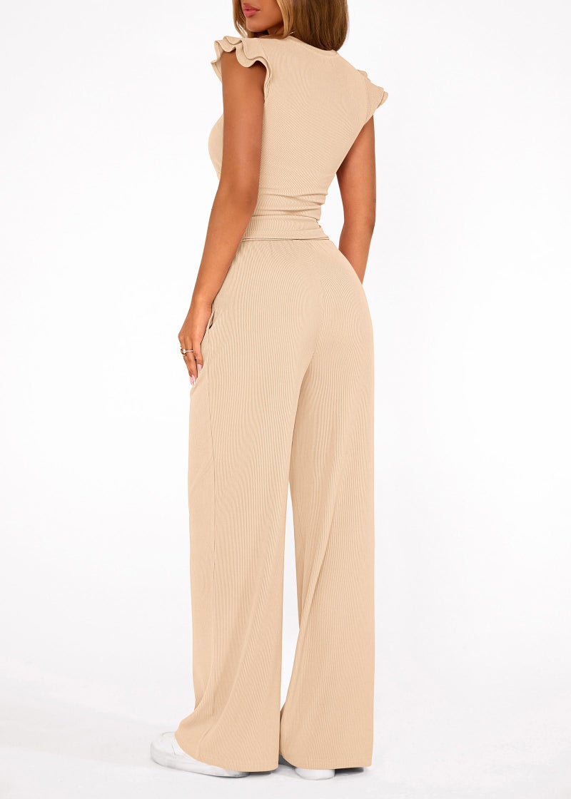 KIRUNDO Two Piece Sets For Women Summer 2026 Casual Cap Sleeve Cute Tops Wide Leg Pants Matching Set Travel Vacation Outfits(Beige, Small) - Image 2