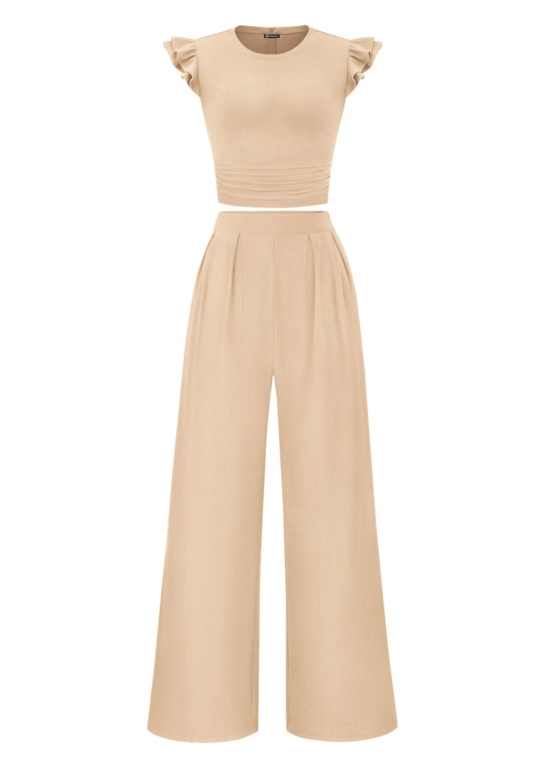 KIRUNDO Two Piece Sets For Women Summer 2026 Casual Cap Sleeve Cute Tops Wide Leg Pants Matching Set Travel Vacation Outfits(Beige, Small) - Image 1