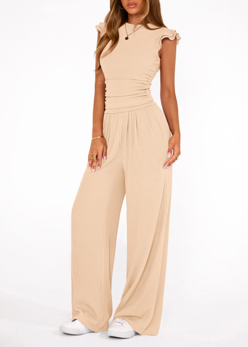KIRUNDO Two Piece Sets For Women Summer 2026 Casual Cap Sleeve Cute Tops Wide Leg Pants Matching Set Travel Vacation Outfits(Beige, Small) - Image 4