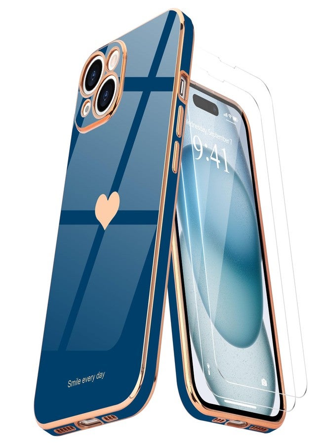 Teageo جراب Teageo لهاتف iPhone 15 Plus مع واقيين للشاشة بنمط قلب، للنساء والفتيات، مطلي بطبقة لامعة فاخرة، مصنوع من مادة TPU الناعمة، مقاوم للخدوش والصدمات، جراب هاتف لهاتف iPhone 15 Plus، أزرق ملكي - Image 1