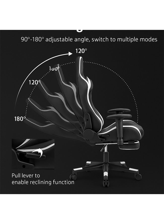 keke Racing Style Gaming Chair with Footrest & Lumbar Support – Ergonomic PU Leather High-Back Recliner for PC & Office, White & Black - Image 2