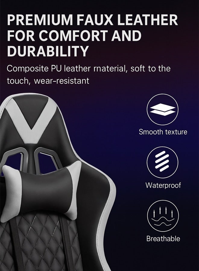 keke Racing Style Gaming Chair with Footrest & Lumbar Support – Ergonomic PU Leather High-Back Recliner for PC & Office, White & Black - Image 4