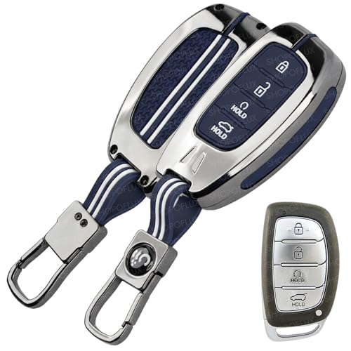 SHOPOFLUX Key Cover Compatible with Hyundai Alcazar and Creta ev Car 4 Button Smart Key (Metal Blue Silicone) - Image 1