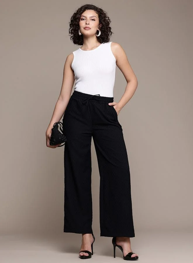 Freehand  Black Textured Wide Leg Trousers for Women | Best Price UAE