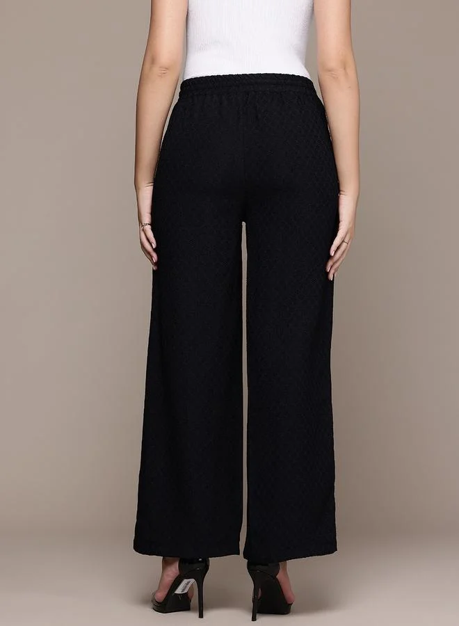 Freehand  Black Textured Wide Leg Trousers for Women | Best Price UAE