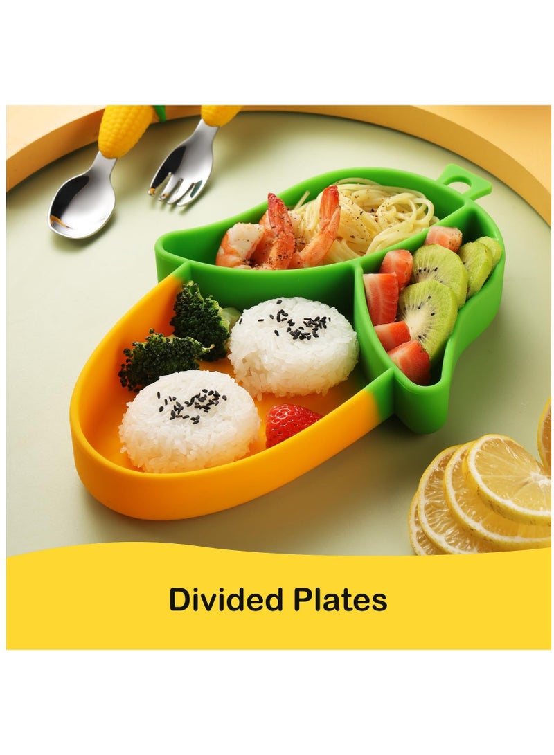 Corn Toddler Plate, Suction Plate, Divided Plate, With Toddler Fork And Toddler Spoon, Bpa Free, Microwave Dishwasher Safe