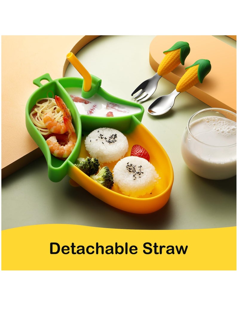 Corn Toddler Plate, Suction Plate, Divided Plate, With Toddler Fork And Toddler Spoon, Bpa Free, Microwave Dishwasher Safe