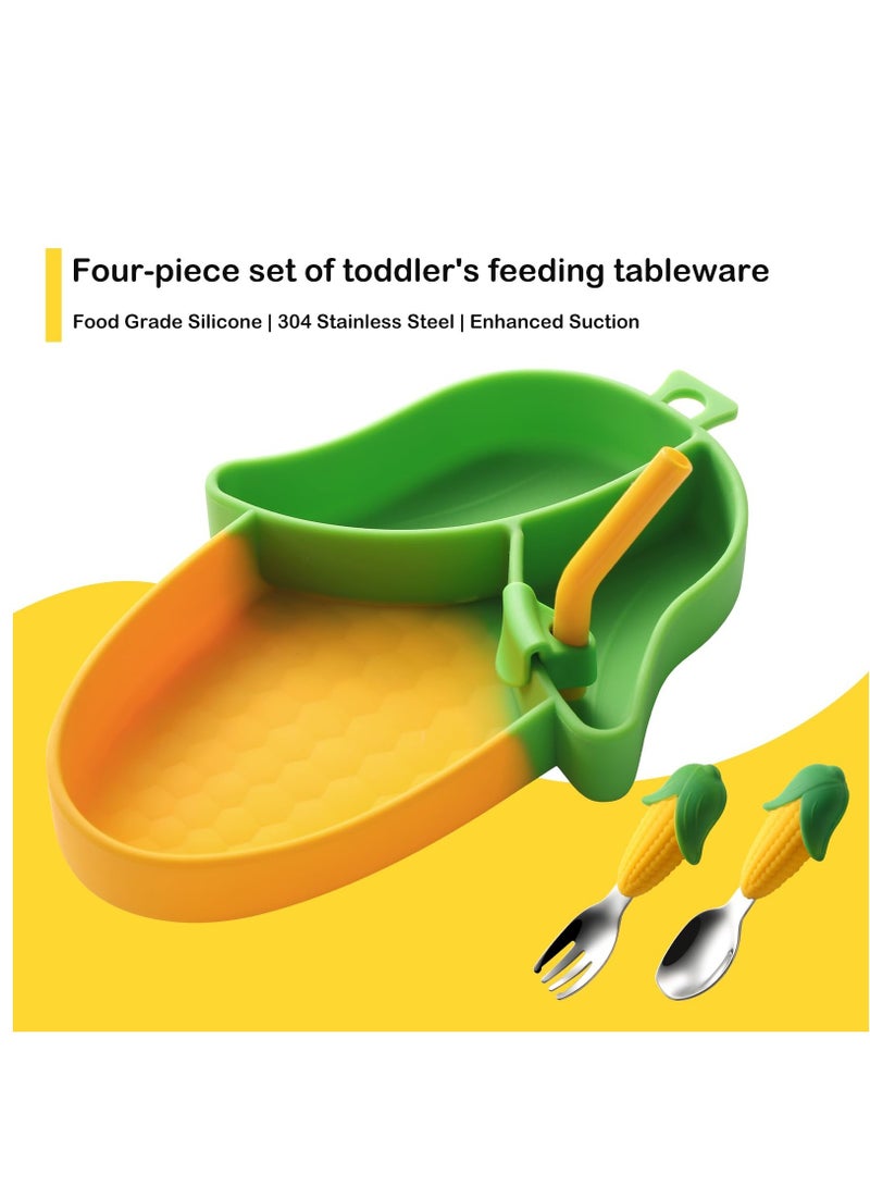 Corn Toddler Plate, Suction Plate, Divided Plate, With Toddler Fork And Toddler Spoon, Bpa Free, Microwave Dishwasher Safe