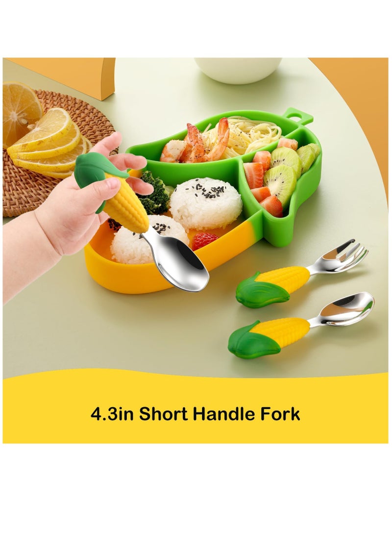 Corn Toddler Plate, Suction Plate, Divided Plate, With Toddler Fork And Toddler Spoon, Bpa Free, Microwave Dishwasher Safe