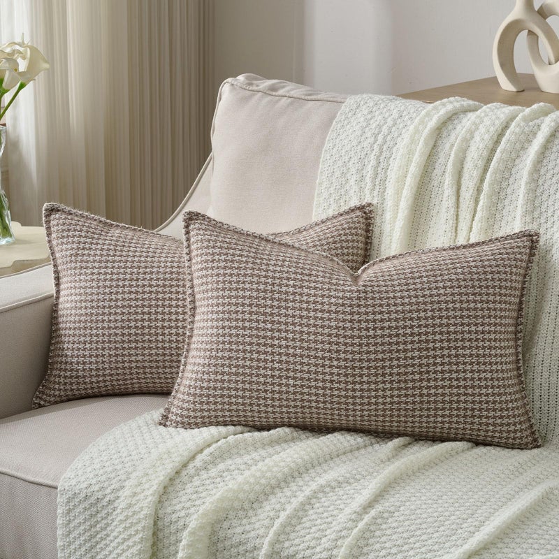 FUTEI Coffee Decorative Throw Pillow Covers 12x20 Inch Set of 2,Soft Houndstooth Gingham Textured Lumbar Pillow Cases,Modern Home Decor for Couch Bed Living Room - Image 1