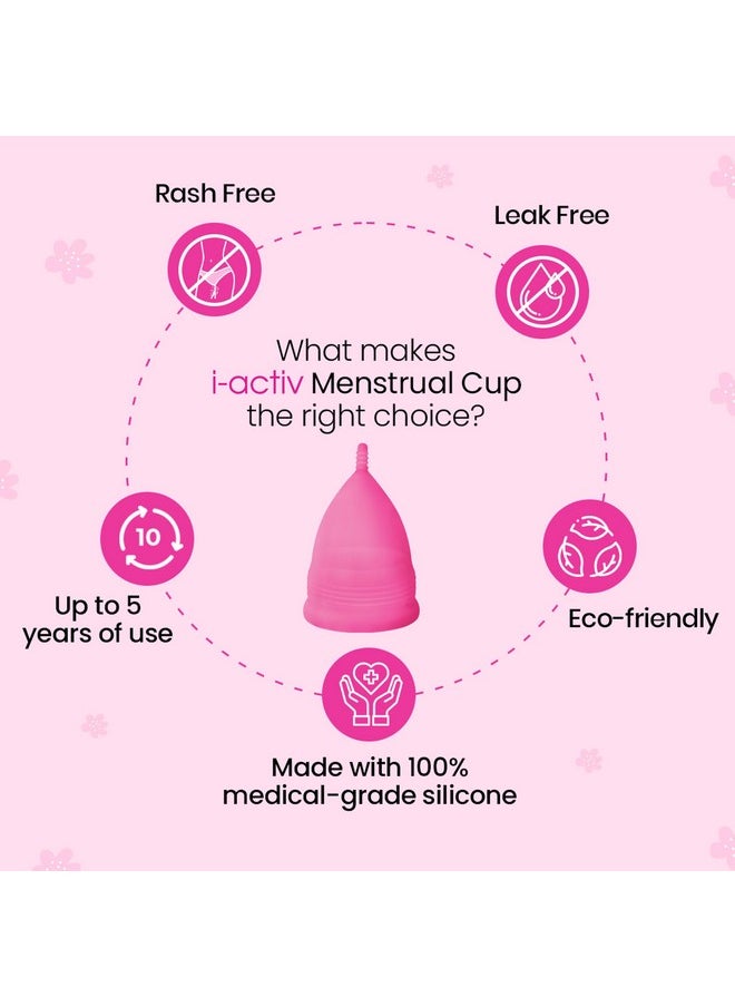 i-activ - i-activ Menstrual Cup for Women with free sterilizer case | Rash-Free, Leak-Free & Ultra soft Cup with Pouch| 100% Medical Grade Silicone | 8-10 hrs protection (Medium) Pack of 1 - Image 1