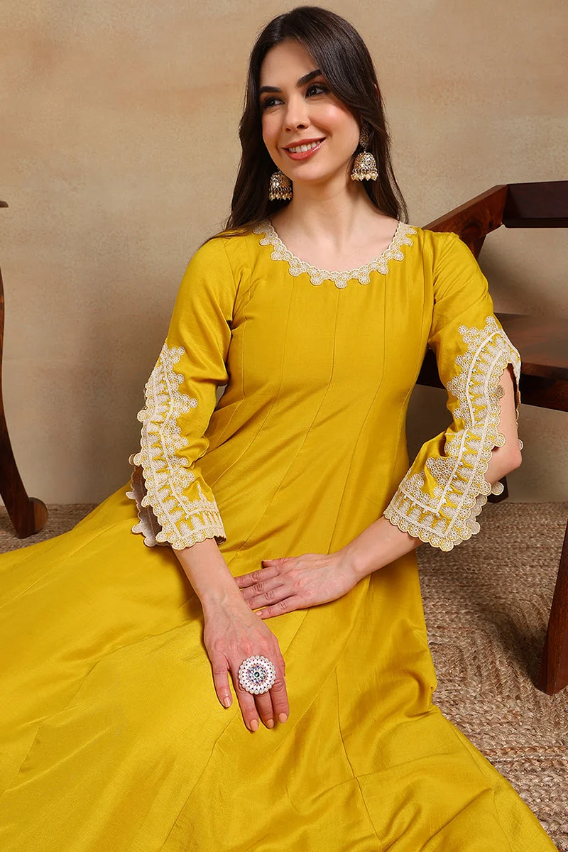 ZERESOUQ Yellow Silk Blend Solid Embroidered Flared Suit Set