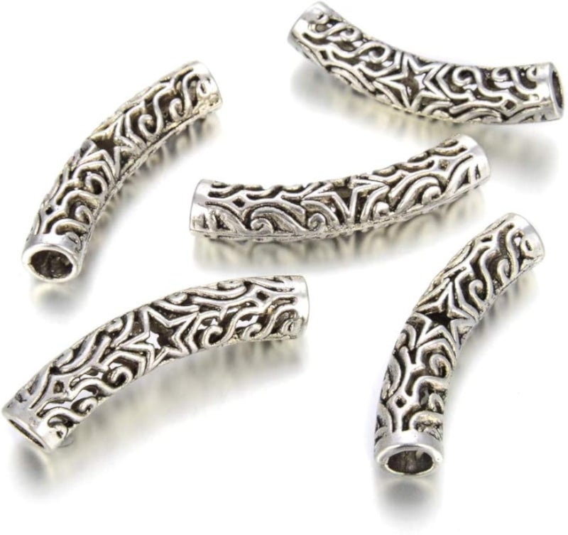 JAZZEEL 30-Piece Antique Silver Curved Noodle Tube Beads, 34mm Star Connector with Large 5mm Hole for Jewelry Craft Making, Spacer Beads, MC-L3