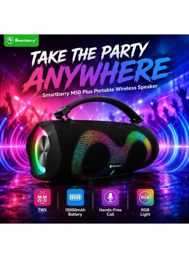 Smartbarry M50 Plus Bluetooth Portable Speaker with Dynamic RGB Lights, 15000mAh Long Lasting Battery, Powerful Deep Bass, TWS Dual Speaker Connection, Wireless Music Player Black - Image 1