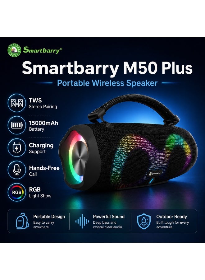 Smartbarry M50 Plus Bluetooth Portable Speaker with Dynamic RGB Lights, 15000mAh Long Lasting Battery, Powerful Deep Bass, TWS Dual Speaker Connection, Wireless Music Player Black - Image 4