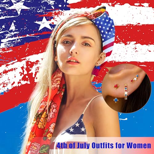 Poxtex 4th of July Earrings for Women Outfits Accessories, Fourth of July Deals Independence Day Patriotic Dress Shirts, USA American Flag Red White Blue Hoop Stud Jacket Jewelry - Image 3