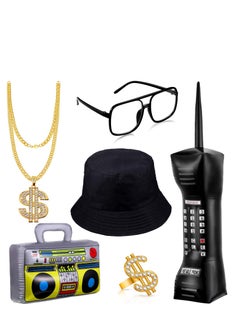 6 Pcs 80s 90s Hip Hop Costume Kit Inflatable Radio Boombox Phone Necklace Ring Sunglasses Hat Rapper Accessories