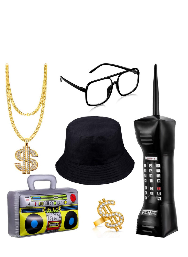 Excefore - 6 Pcs 80s 90s Hip Hop Costume Kit Inflatable Radio Boombox Phone Necklace Ring Sunglasses Hat Rapper Accessories - Image 1