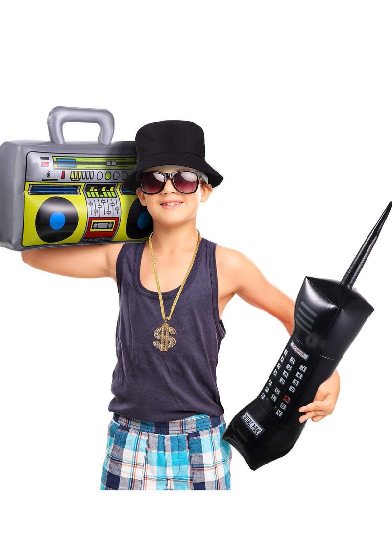 Excefore - 6 Pcs 80s 90s Hip Hop Costume Kit Inflatable Radio Boombox Phone Necklace Ring Sunglasses Hat Rapper Accessories - Image 1