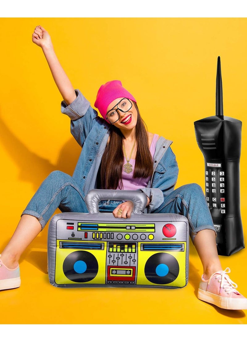 Excefore - 6 Pcs 80s 90s Hip Hop Costume Kit Inflatable Radio Boombox Phone Necklace Ring Sunglasses Hat Rapper Accessories - Image 1