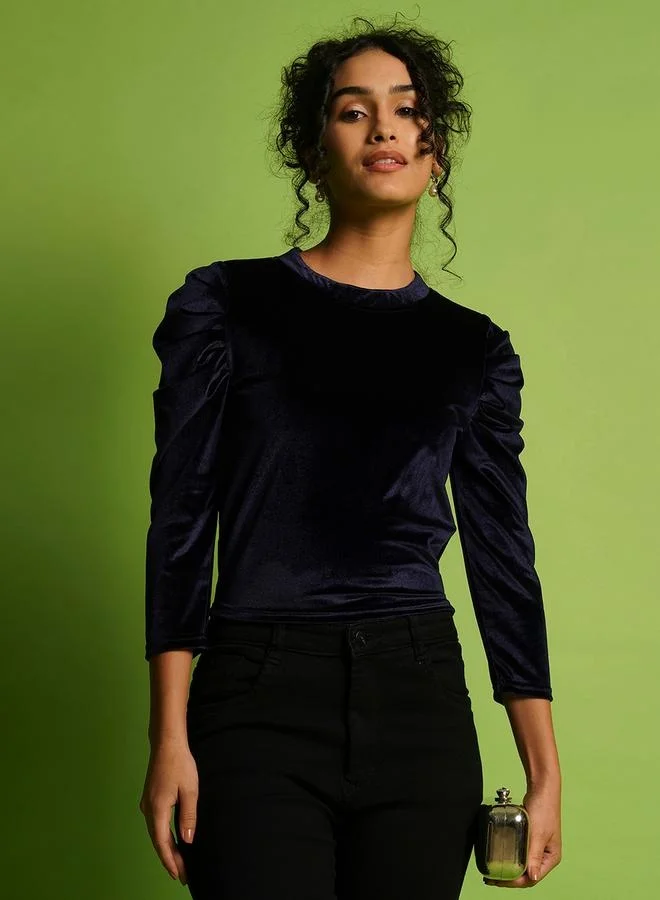 globus Globus Velvet Look Round Neck Puff Sleeve Top