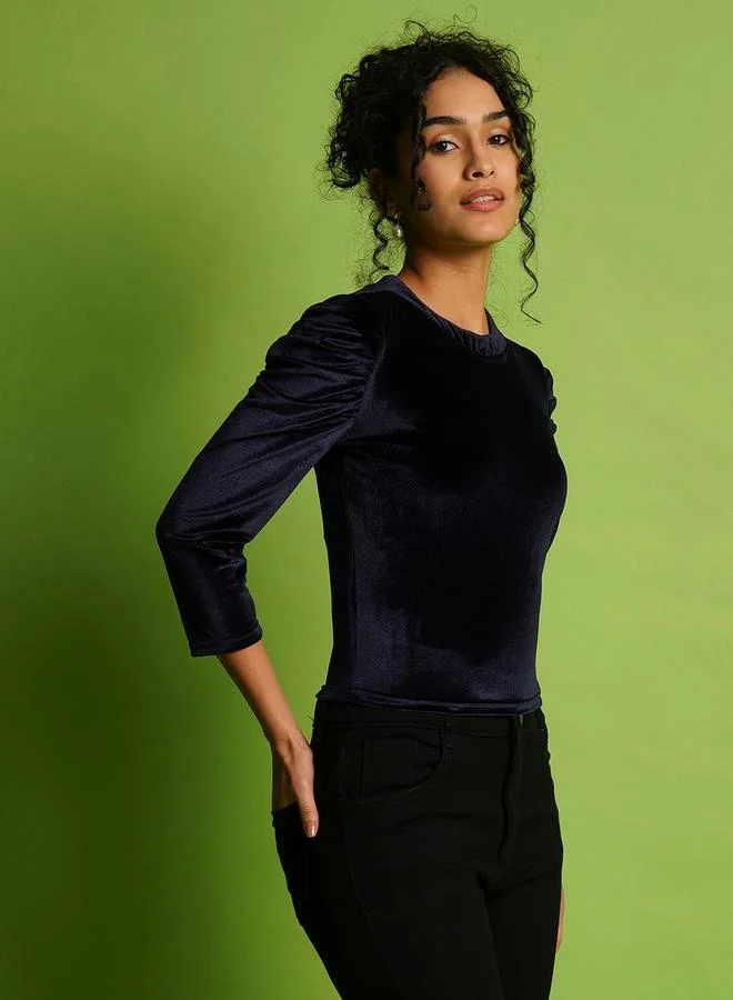 globus Globus Velvet Look Round Neck Puff Sleeve Top