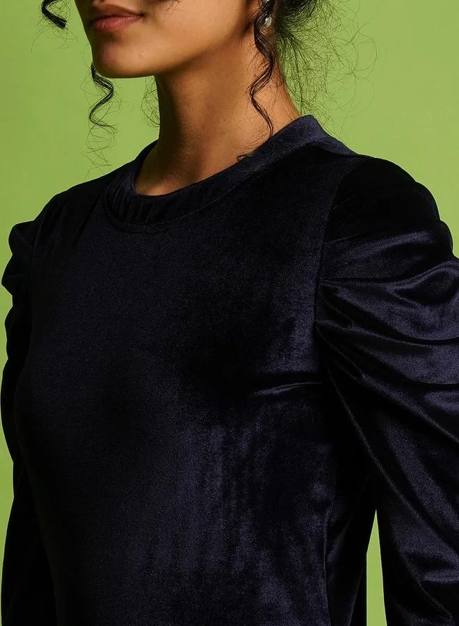 globus Globus Velvet Look Round Neck Puff Sleeve Top