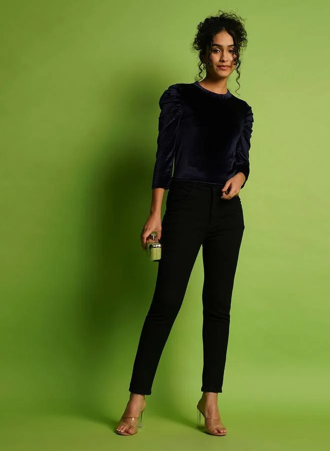 globus Globus Velvet Look Round Neck Puff Sleeve Top