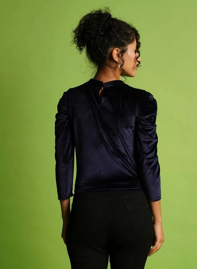 globus Globus Velvet Look Round Neck Puff Sleeve Top