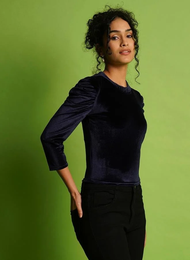 globus Velvet Look Round Neck Puff Sleeve Top