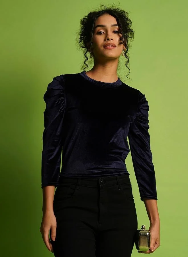 globus Velvet Look Round Neck Puff Sleeve Top