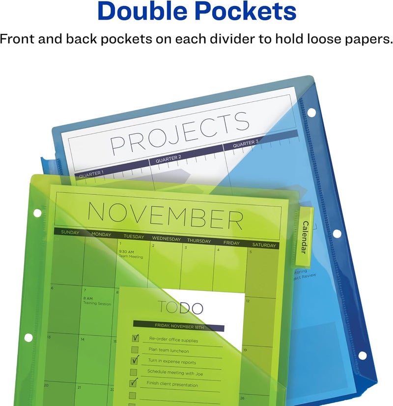 AVERY 5-Tab Plastic Binder Dividers with Pockets, Insertable Multicolor Big Tabs, 3 Sets (11906) - Image 5
