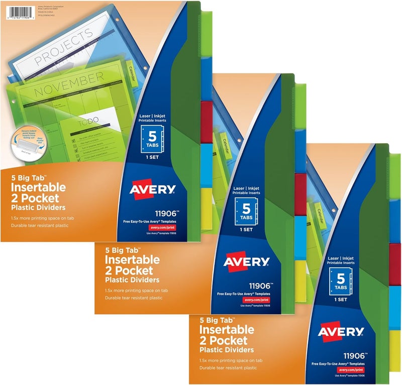 AVERY 5-Tab Plastic Binder Dividers with Pockets, Insertable Multicolor Big Tabs, 3 Sets (11906) - Image 1