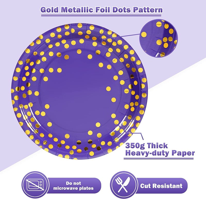 CENLBJ Purple and Gold Paper Plates and Napkins 200Pack-100 x 7'' Dessert plates & 100 x 6.5'' Napkins Purple Paper Plates for Appetizers Cakes and Salads for Birthdays Graduation Bridal Parties Carnival - Image 2