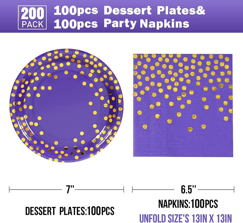 CENLBJ Purple and Gold Paper Plates and Napkins 200Pack-100 x 7'' Dessert plates & 100 x 6.5'' Napkins Purple Paper Plates for Appetizers Cakes and Salads for Birthdays Graduation Bridal Parties Carnival - Image 1
