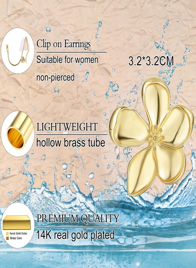 ORAZIO Gold Clip On Earrings for Women Trendy Non Piercing Flower Dangle Earrings Floral Earring 14K Gold Plated Lightweight Earrings for Non-Pierced Ears Fake Earrings Set - Image 2