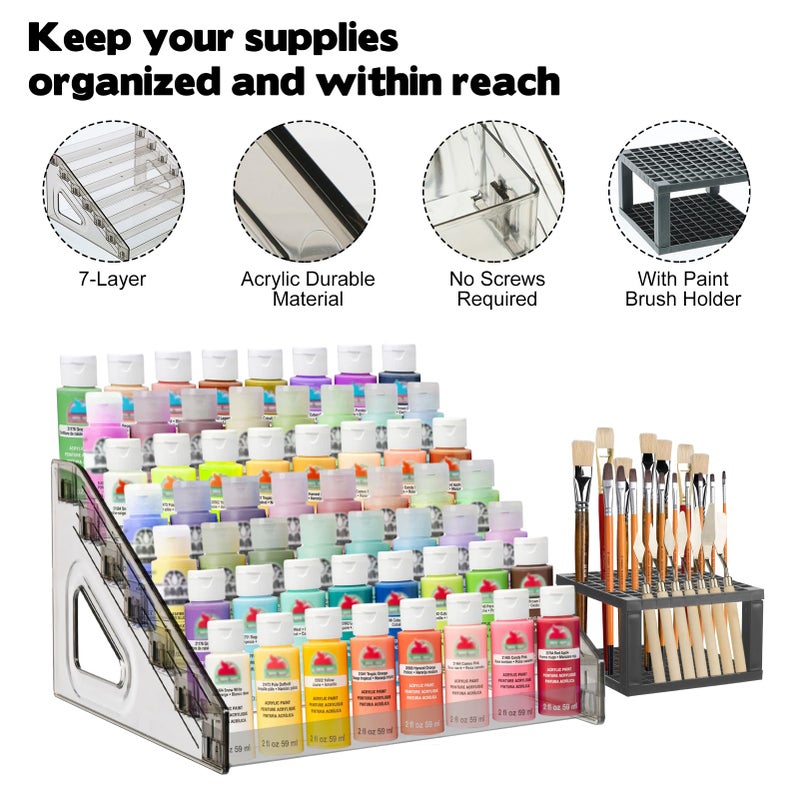 YEXEXINM 2 Pcs Clear Paint Organizer With Paint Brush Holder,7 Layers Acrylic Paint Organizer,Paint Storage Rack,Craft Paint Organizer Rack,Miniature Paint Holder for Paint Storage(Gray) - Image 3