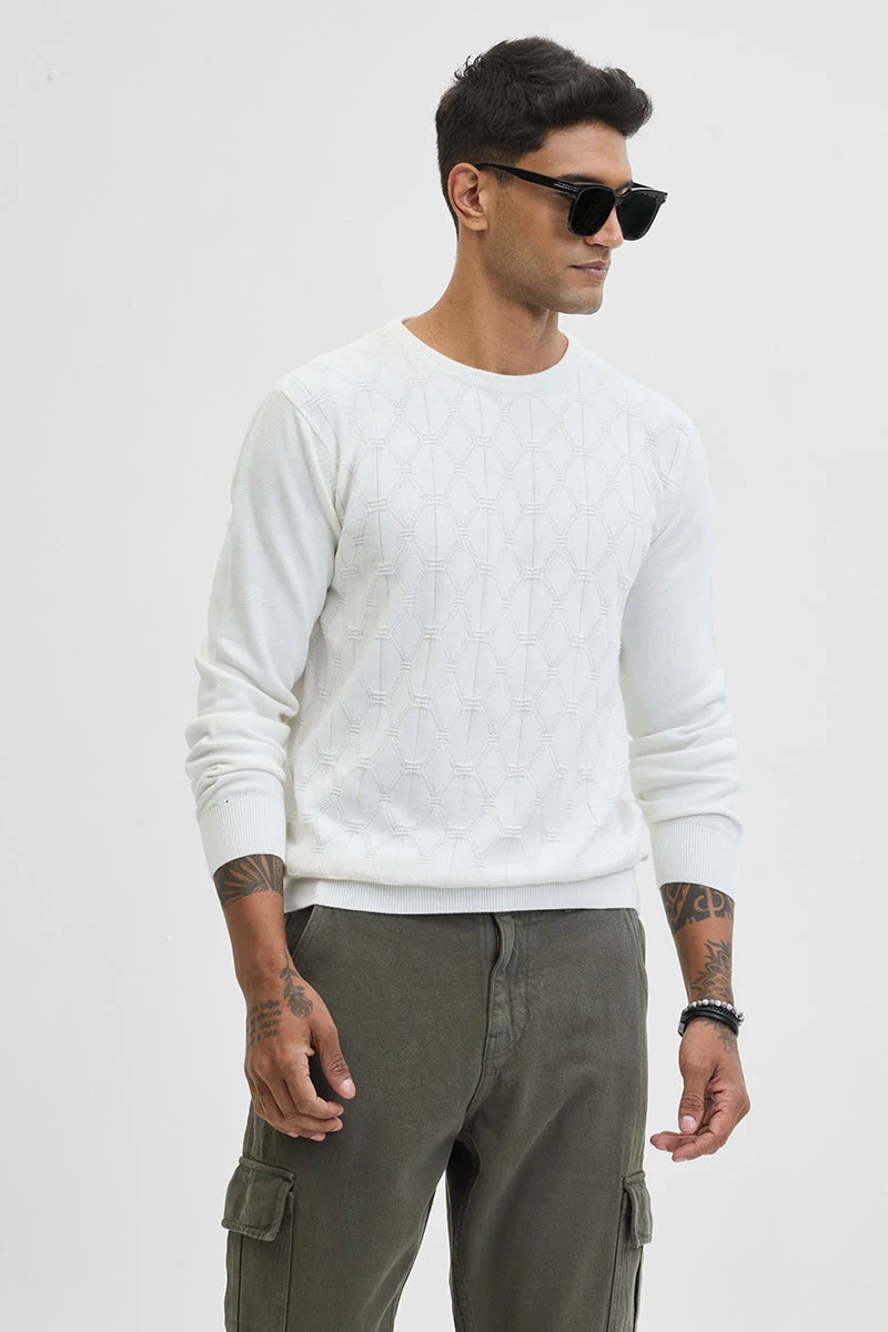 SNITCH White Self-Design Slim Fit Sweater