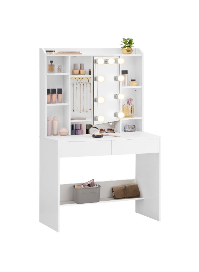 VASAGLE طاولة زينة فاساجل مع أضواء LED، 9 لمبات، 3 ألوان ضوء، سطوع قابل للتعديل، مكتب زينة مع مرآة، رفوف قابلة للتعديل، 2 درج، مكتب مكياج، أبيض عصري - Image 1