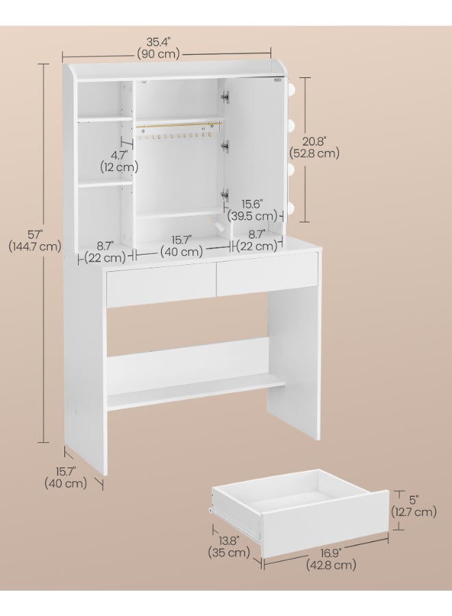VASAGLE طاولة زينة فاساجل مع أضواء LED، 9 لمبات، 3 ألوان ضوء، سطوع قابل للتعديل، مكتب زينة مع مرآة، رفوف قابلة للتعديل، 2 درج، مكتب مكياج، أبيض عصري - Image 5