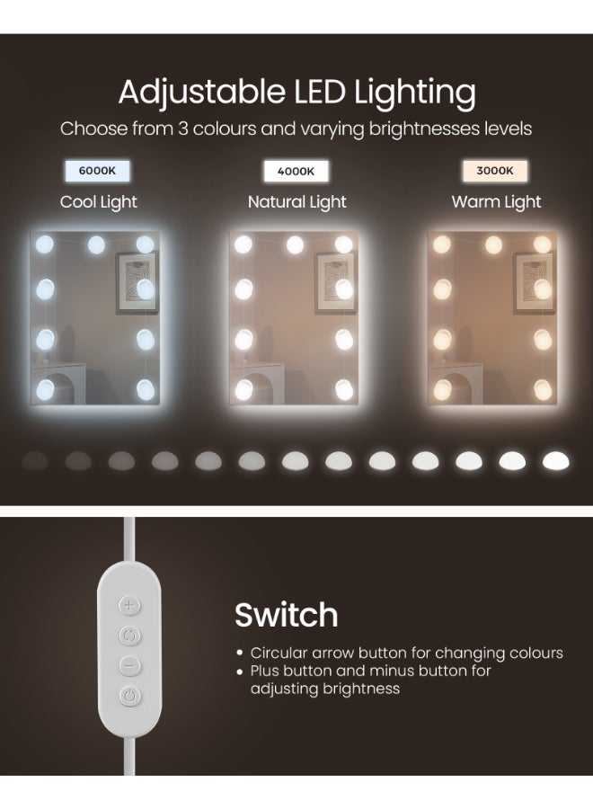 VASAGLE طاولة زينة فاساجل مع أضواء LED، 9 لمبات، 3 ألوان ضوء، سطوع قابل للتعديل، مكتب زينة مع مرآة، رفوف قابلة للتعديل، 2 درج، مكتب مكياج، أبيض عصري - Image 3