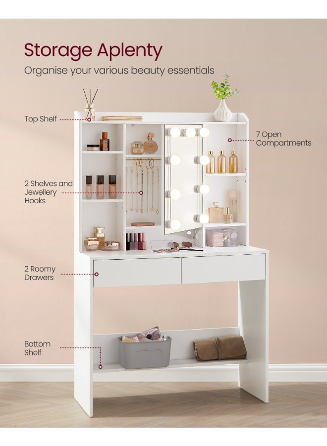 VASAGLE طاولة زينة فاساجل مع أضواء LED، 9 لمبات، 3 ألوان ضوء، سطوع قابل للتعديل، مكتب زينة مع مرآة، رفوف قابلة للتعديل، 2 درج، مكتب مكياج، أبيض عصري - Image 4