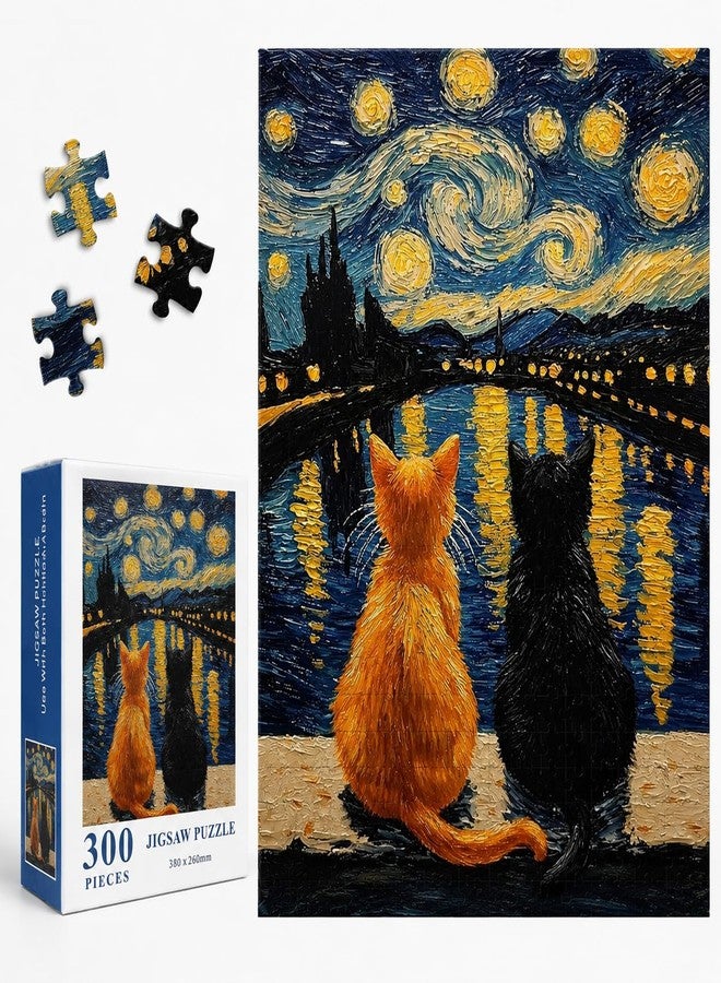 300 Piece Cat Jigsaw Puzzle for Adults, Van Gogh Starry Night Inspired Art Warm Cat Puzzle, 15 x 10 in Finished Size, Beginner-Friendly Relaxing Puzzle Gift for Animal Lovers & Home Decor - Image 1