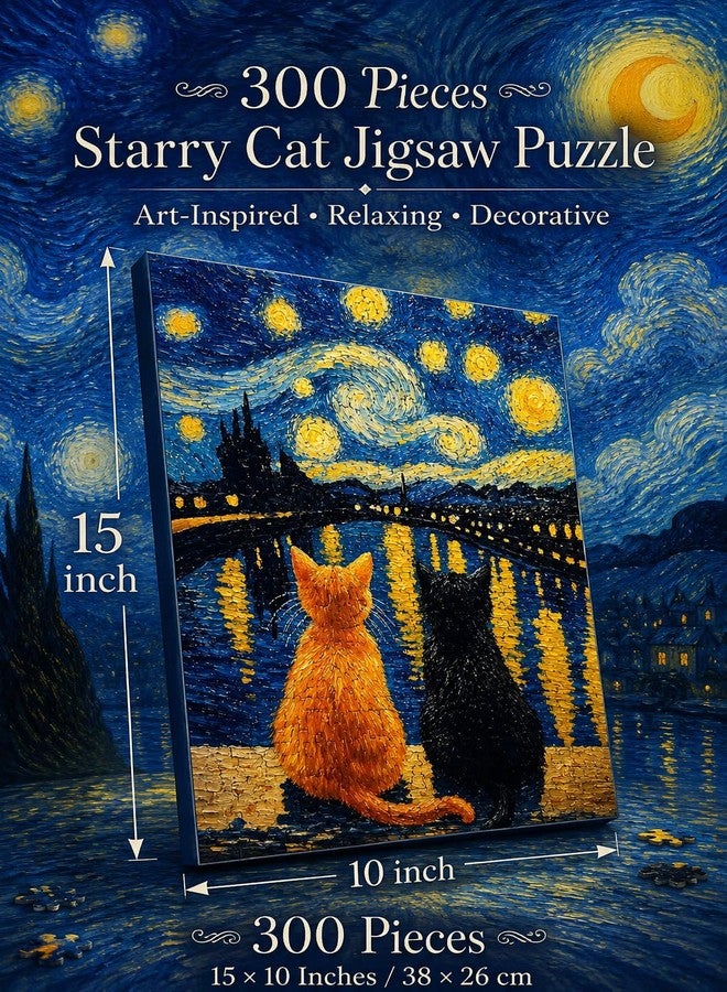 300 Piece Cat Jigsaw Puzzle for Adults, Van Gogh Starry Night Inspired Art Warm Cat Puzzle, 15 x 10 in Finished Size, Beginner-Friendly Relaxing Puzzle Gift for Animal Lovers & Home Decor - Image 2