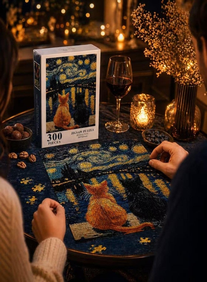 300 Piece Cat Jigsaw Puzzle for Adults, Van Gogh Starry Night Inspired Art Warm Cat Puzzle, 15 x 10 in Finished Size, Beginner-Friendly Relaxing Puzzle Gift for Animal Lovers & Home Decor - Image 4