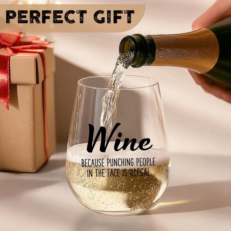 LANBAIHE Wine Because Punching People in the Face is Illegal - Funny 15oz Stemless Wine Glass - Novelty Gifts for Women, Men, Mom, Sister, Friend, Coworker, Boss, Aunt - Unique Birthday, Christmas - Image 3